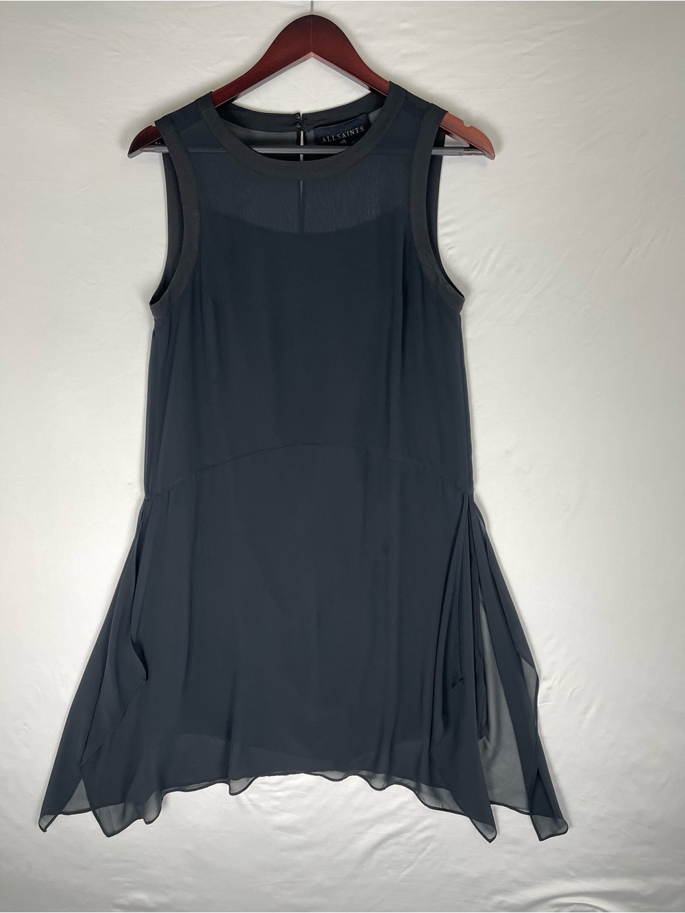 All Saints Black Sleeveless Sheer Overlay A-Line Dress